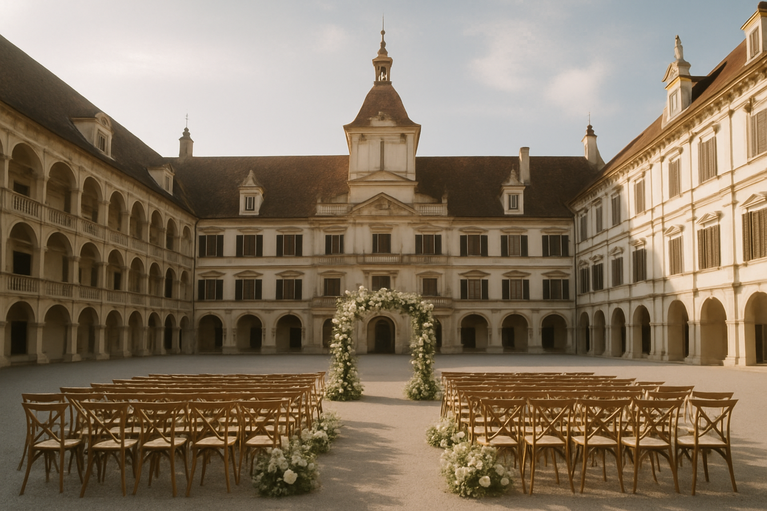 Historische Hochzeitslocation Graz mit eleganter Zeremonie-Dekoration im sonnigen Innenhof.