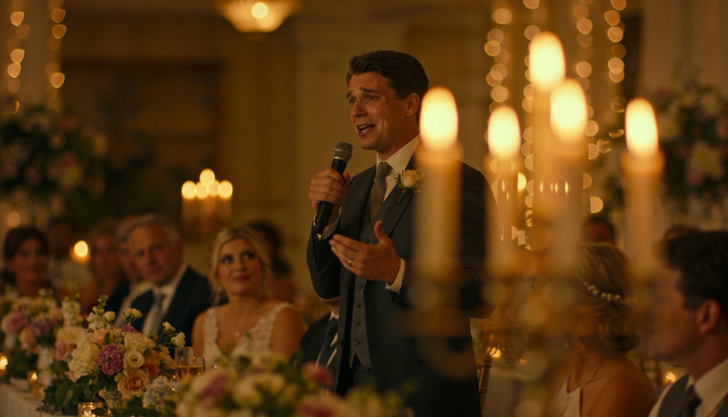 Rede auf der Hochzeit &ndash; Gast h&auml;lt Hochzeitsrede mit Mikrofon