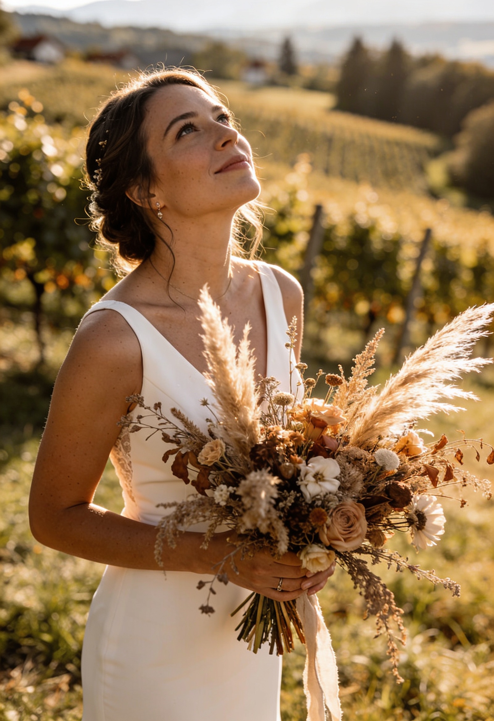 Braut mit Boho-Brautstrau&szlig; aus Trockenblumen im Abendlicht &ndash; Hochzeitsfotografie Steiermark