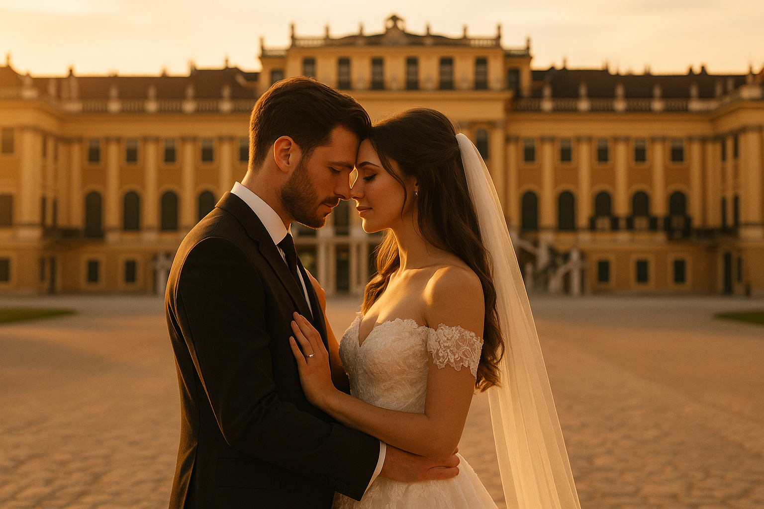 Hochzeitsfilm Wien Brautpaar vor Schönbrunn bei goldenem Sonnenuntergang