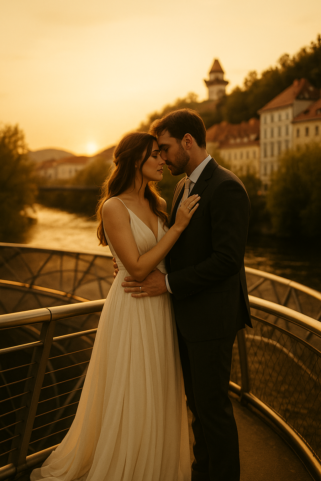 Hochzeitsfotograf Graz – Brautpaar auf der Murinsel bei goldenem Licht
