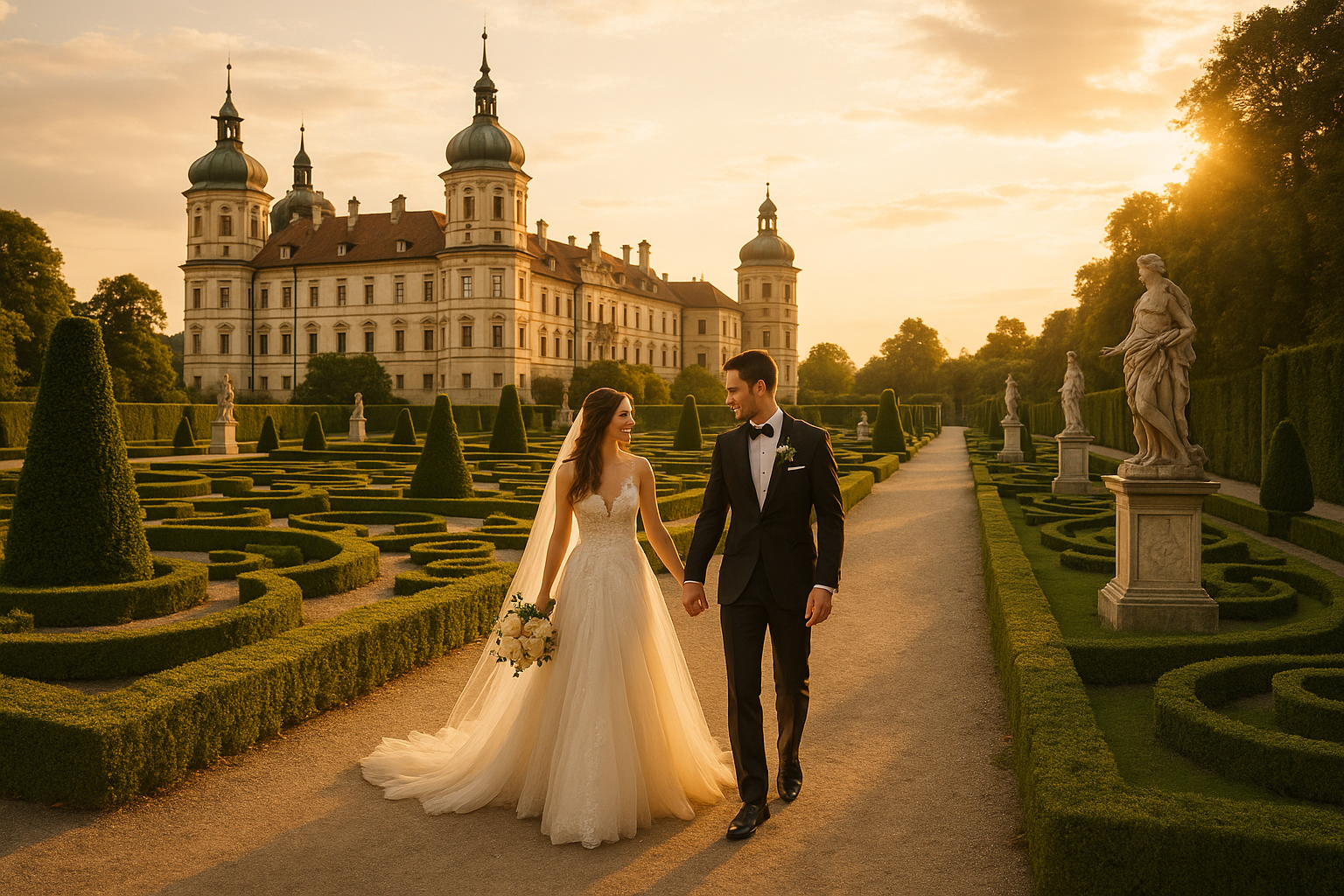 Brautpaar vor einem historischen Schloss bei goldenem Licht